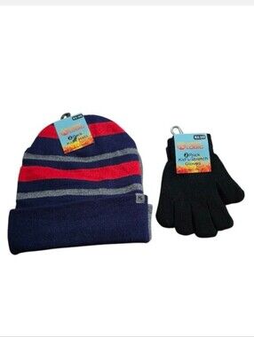 Kids Navy Beanie & Black Stretch Gloves 2- Set - Red & Gray Stripes